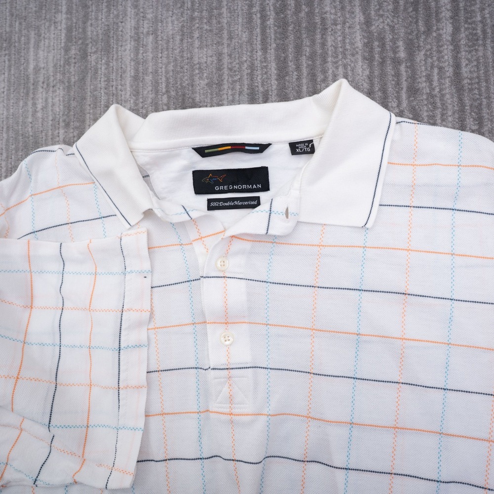 Greg Norman Men XL White Checkered 50/2 Double Mercerized Cotton Golf Polo Shirt